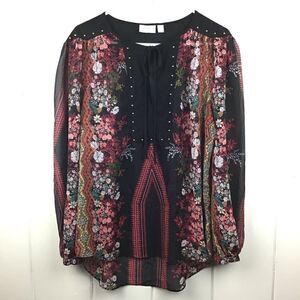 Bisou Bisou Peasant Blouse Black & Red Floral Boho Ties, Size  Medium